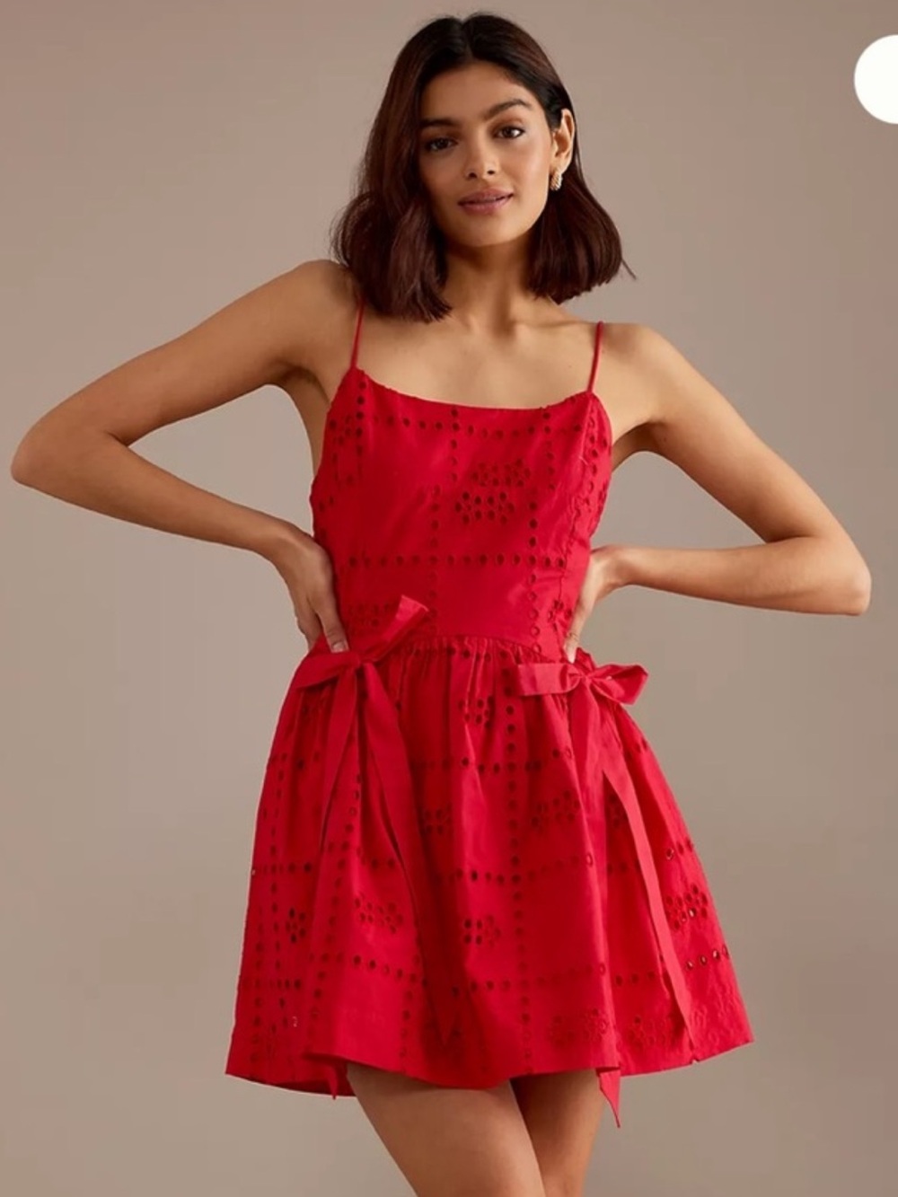 Spaghetti-Strap Red Eyelet Mini Dress with Waist Ties